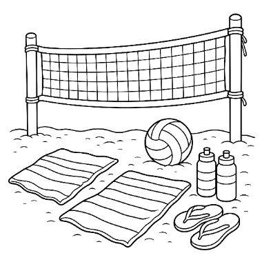 Line drawing of a volleyball net on the beach with a volleyball, two towels, sunscreen bottles, and flip-flops in the sand.