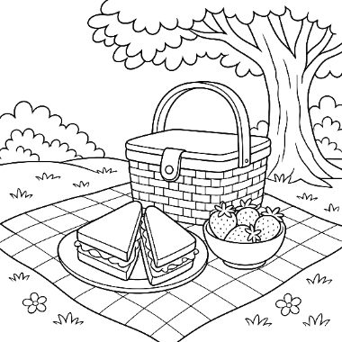 Line drawing of a picnic basket, sandwiches on a plate, and a bowl of strawberries on a blanket under a tree.