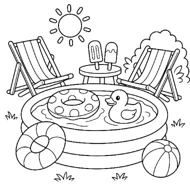 Line art of a small kiddie pool with a rubber duck, surrounded by two beach chairs, a sun, popsicles, a ball, and a life ring.