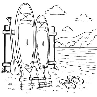 Two standup paddleboards rest on a wooden rack with a paddle, life jackets, and flip-flops on a beach by a lake.