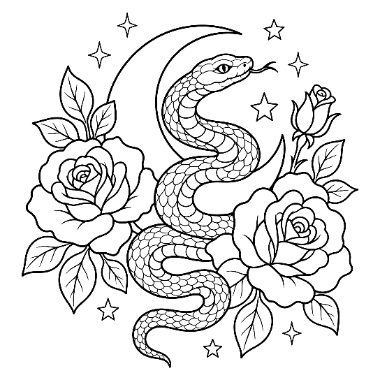 Line drawing of a coiled snake in front of a crescent moon, surrounded by roses, leaves, and stars.