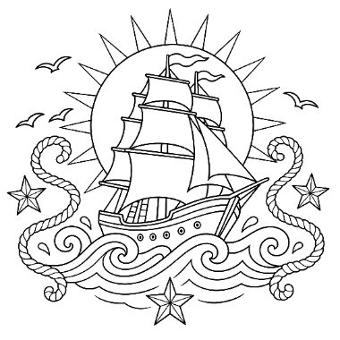 Line art of a tall sailing ship on ocean waves, framed by a sunburst, birds, rope coils, and stars.