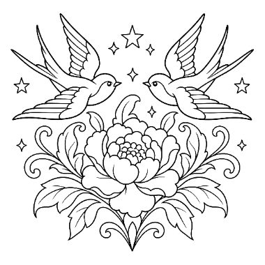 Two symmetrical swallows fly above a large blooming peony with leaves and scrolls, surrounded by small stars.