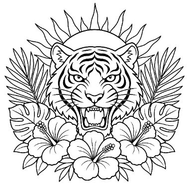 Line art of a roaring tiger face surrounded by sun rays, palm leaves, and hibiscus flowers.