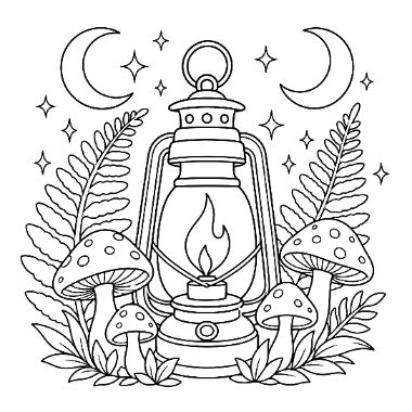 A lit lantern surrounded by mushrooms, ferns, crescent moons, and stars in a night scene.