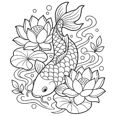 Line art of a koi fish swimming among lotus flowers, lily pads, and swirling water patterns.