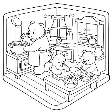 Line drawing of a mother bear stirring a pot on a stove while two cubs sit at a table with food in a cozy kitchen.