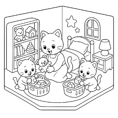 A mother cat holds a teddy bear beside three kittens picking up toys in a bedroom with a bookshelf and bed.