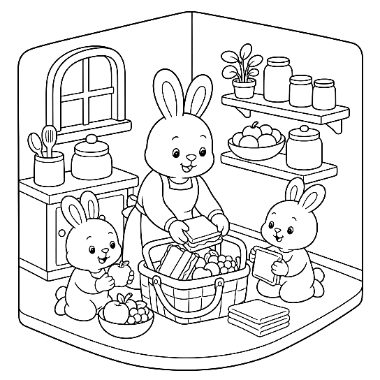A mother rabbit and two young bunnies stand in a kitchen with shelves of jars, a basket of fruit, and a window.