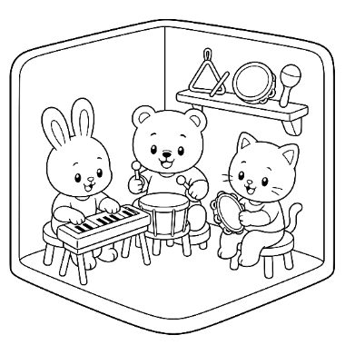 A rabbit plays a keyboard, a bear plays a drum, and a cat plays a tambourine in a room with shelved instruments.