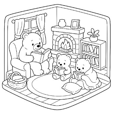 Papa bear reads in an armchair while two young bears sit on the floor with books beside a lit fireplace and bookshelf.