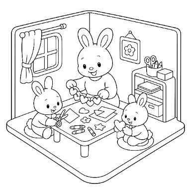 Three cartoon rabbits sit at a table making crafts with scissors, beads, and paper shapes in a cozy room.
