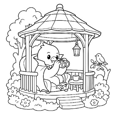 A cartoon bird sits in a gazebo holding binoculars, with a teacup on a small table and a bird perched on a branch nearby.