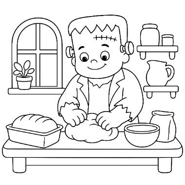 Line art of a smiling Frankenstein's monster kneading dough on a table with bread, bowls, jars, and a window nearby.