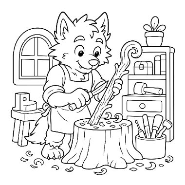 A cartoon wolf wearing an apron carves a wooden staff on a tree stump, surrounded by tools and a shelf near a window.