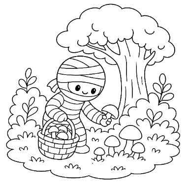 A friendly cartoon mummy stands under a large tree, holding a basket of mushrooms and reaching for another one nearby.