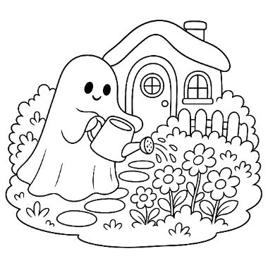 A friendly cartoon ghost uses a watering can to water flowers on a path in front of a small cottage.