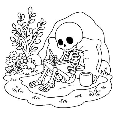 A skeleton sits against a rock leaning on a pillow, writing in a notebook, with plants and a mug nearby.