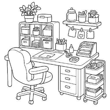 Line drawing of an office desk with a chair, shelves of storage boxes, a plant, jars, and a rolling cart with drawers.