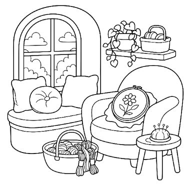 Line drawing of a window seat and armchair with pillows, an embroidery hoop, yarn baskets, and a plant shelf.