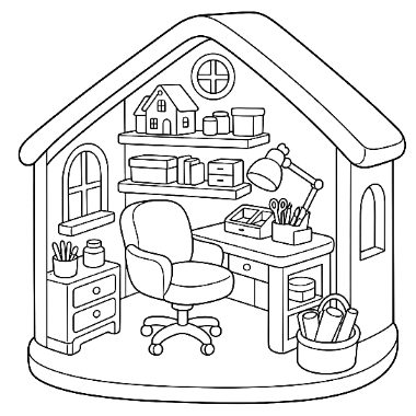 Line drawing of a house-shaped room containing a desk, office chair, lamp, shelves, dresser, and window.