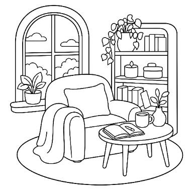 Line art of an armchair with a blanket, round coffee table with a book and mug, arched window, and a bookshelf with plants.