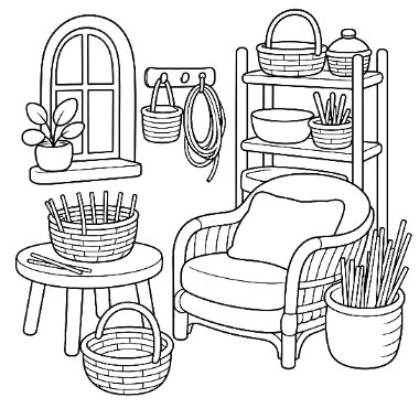 Line drawing of a room with a wicker armchair, a shelf of baskets and jars, a small table, a window, and a potted plant.