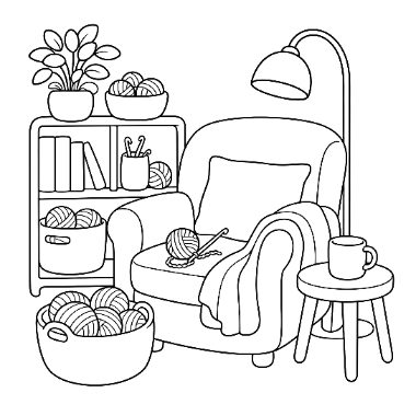 Line drawing of an armchair with yarn and knitting needles, a blanket, a shelf with books and plants, a floor lamp, and a side table with a cup.