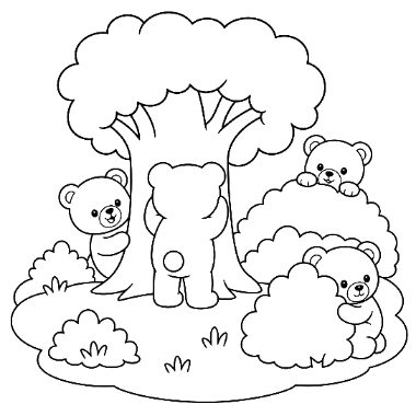 Four cartoon bears peek out from behind a large tree and bushes in a simple outdoor scene.