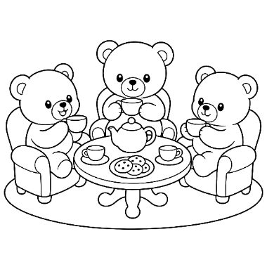 Three teddy bears sit around a round table with teacups, a teapot, and cookies, having a tea party.