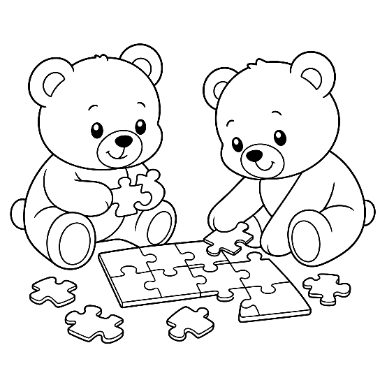 Two teddy bears sit on the floor assembling a jigsaw puzzle together, with scattered puzzle pieces around them.