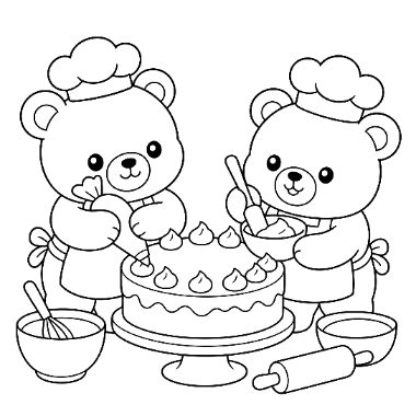 Two cartoon bears in chef hats and aprons decorate a frosted cake, with a whisk, bowl, and rolling pin nearby.