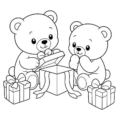 Two cartoon teddy bears sit on either side of an open gift box with ribbon, surrounded by two wrapped presents.