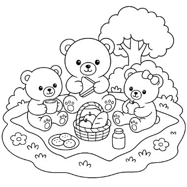 Line art of three teddy bears sitting on a blanket with a picnic basket, cookies, milk bottle, and a tree in the background.