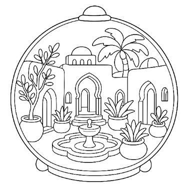 A round snow globe shows a Moroccan courtyard with arched doorways, a fountain, a palm tree, and potted plants.
