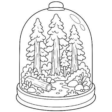Line art of a dome-shaped glass terrarium containing tall pine trees, bushes, rocks, and a log on the ground.
