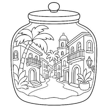 Line art of a jar containing a small tropical street scene with palm trees, buildings with balconies, and a lantern.