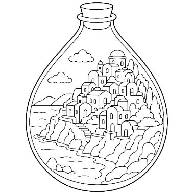 Line art of a teardrop-shaped bottle containing a cliffside seaside village with houses, domes, clouds, and rocky shore.