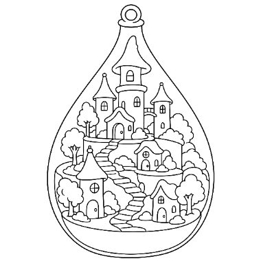 A teardrop-shaped ornament encloses a whimsical village with cottages, towers, a winding staircase, and trees.