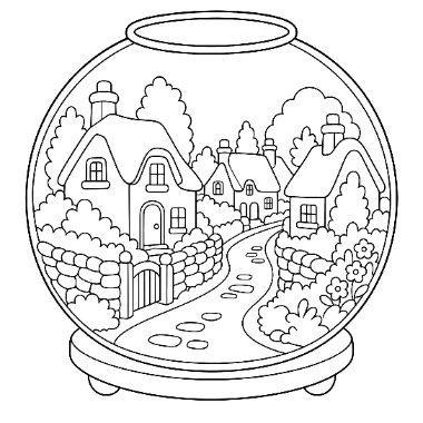 Line drawing of a round terrarium globe containing thatched cottages, trees, a stone wall, gate, and winding garden path.