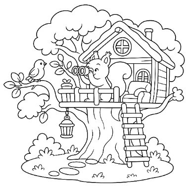 A squirrel looks through binoculars from a treehouse in a large tree, with a bird perched on a nearby branch.
