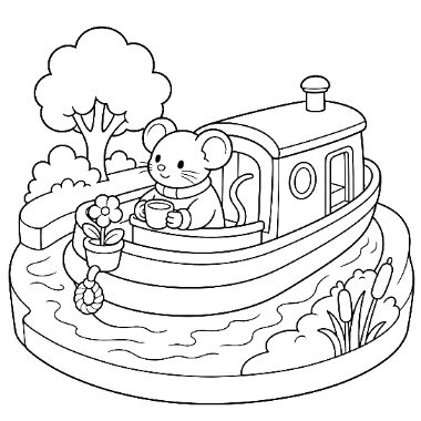 A cartoon mouse holds a cup while sitting in a houseboat cabin, with a flower pot beside it on the water.