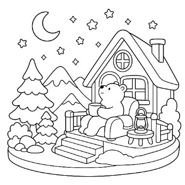 A bear sits in a chair on a snowy cabin porch holding a cup, with a lantern, trees, mountains, and a crescent moon.