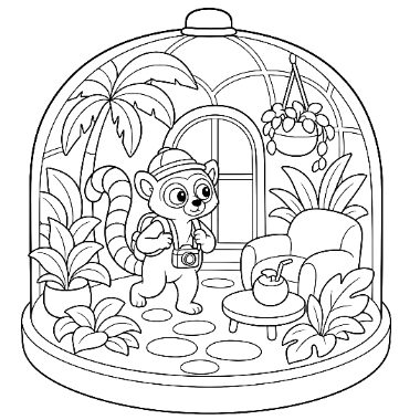 A cartoon lemur wearing a hat and camera stands in a domed room with palm trees, plants, an armchair, and a hanging plant.