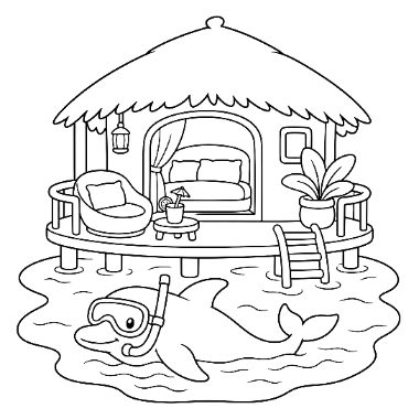 A thatched-roof beach bungalow on stilts with furniture and a plant, above water where a dolphin wearing a snorkel mask swims.