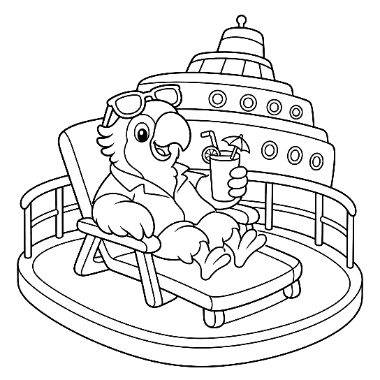 A parrot wearing sunglasses on its head sits on a deck lounge chair holding a drink with a straw, with a cruise ship behind it.