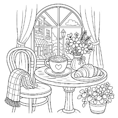 A line drawing of a cafe table with coffee, a croissant, and flowers beside a curtained window and chair.