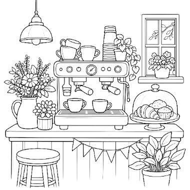 Line art of a coffee counter with an espresso machine, cups, pastries under a dome, flowers, a hanging lamp, and a window.