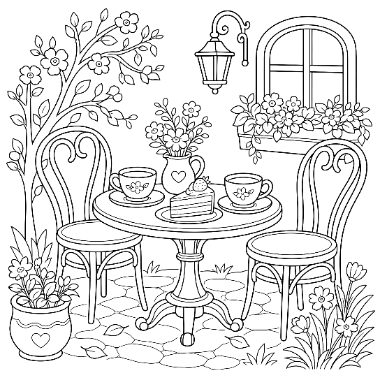 Line art of a garden bistro table with two chairs, teacups, a teapot, cake, flowers, a tree, and a window with a flower box.