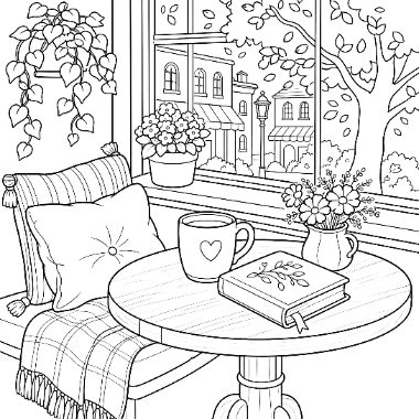 A round table with coffee, a book, and flowers sits by a cushioned chair near a window overlooking a town street.